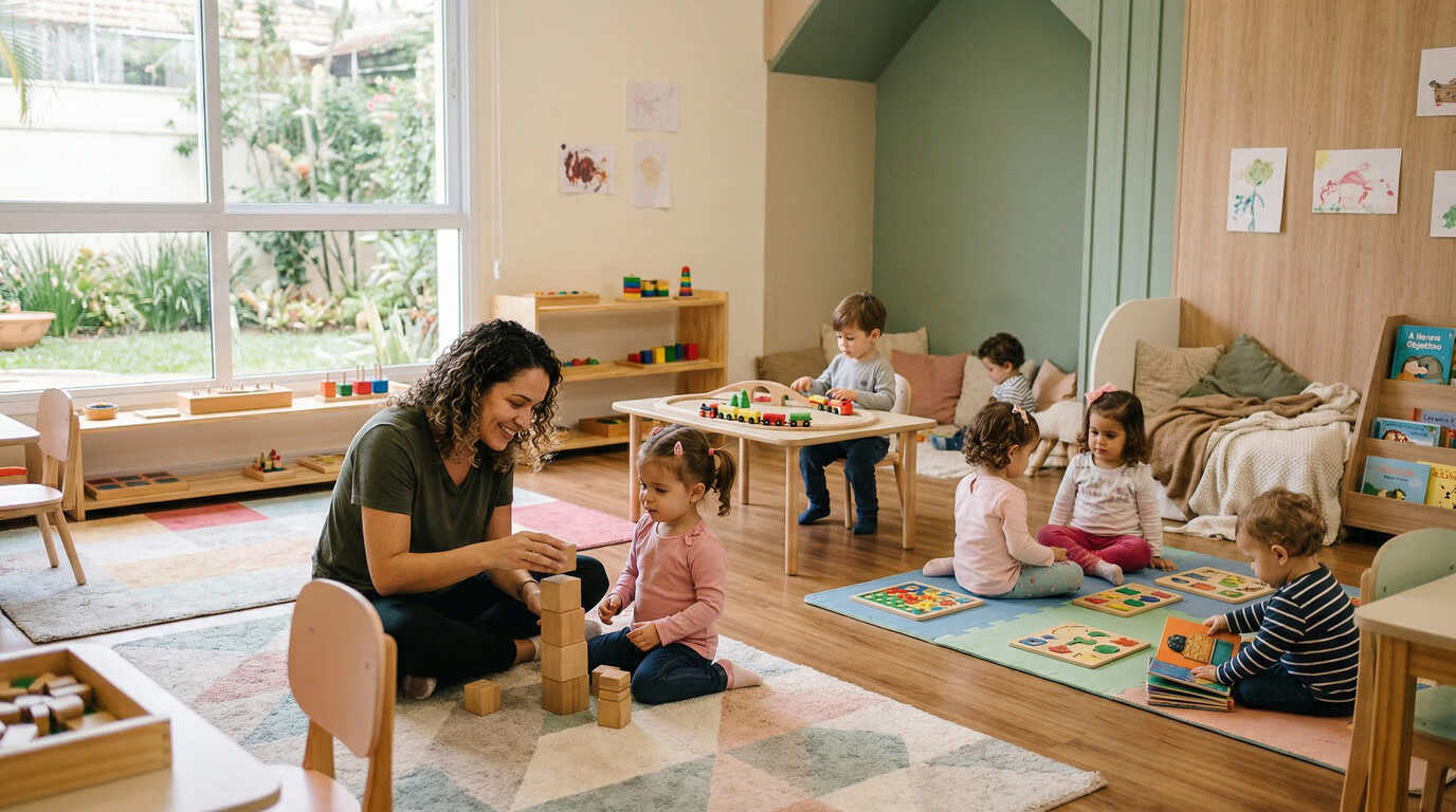adaptação escolar na educação infantil com professora acolhendo criança
